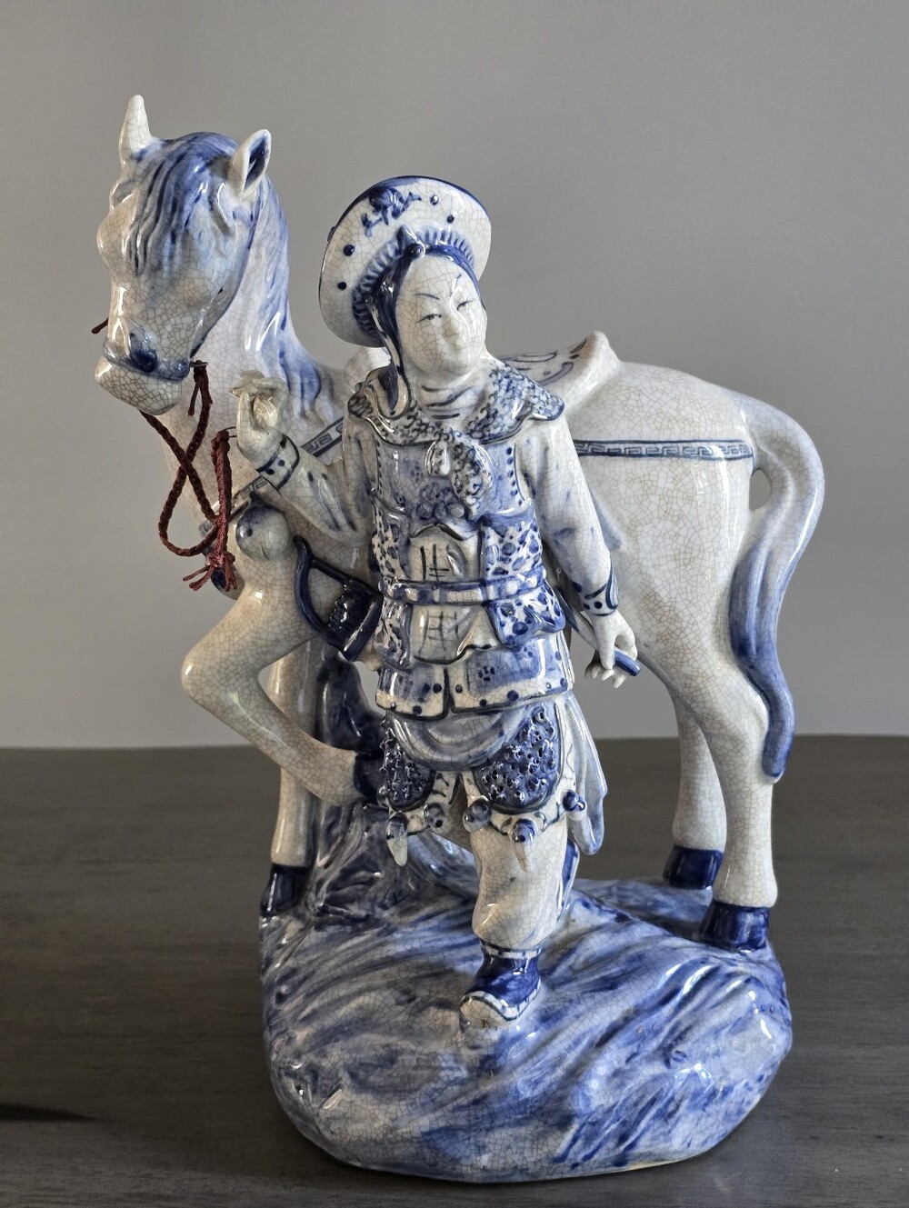 Chinese Collectible Oriental Bombay Blue And White Porcelain Man & Horse Statue